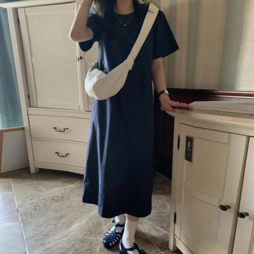 Korean simple and versatile commuter round neck summer cool loose short-sleeved dress