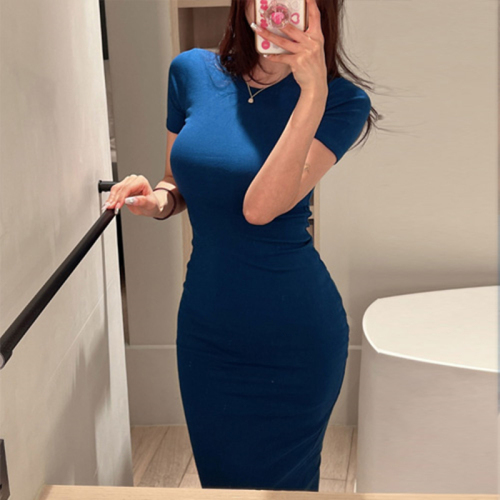 New Korean spring and summer temperament feminine rear slim fit slim short sleeves mid-length hip-cover dress