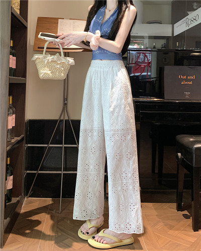 Real shot slim straight-leg wide-leg pants for women, slimming white embroidered lace casual shorts 