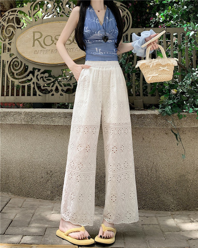 Real shot slim straight-leg wide-leg pants for women, slimming white embroidered lace casual shorts 