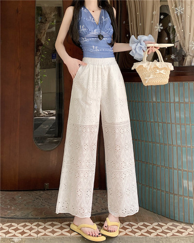 Real shot slim straight-leg wide-leg pants for women, slimming white embroidered lace casual shorts 