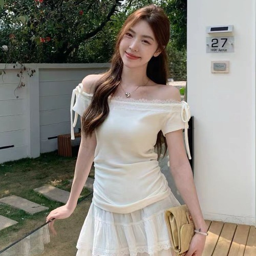 Original fabric summer new pure desire one-shoulder tie-off lace edge pleated design short-sleeve T-shirt top