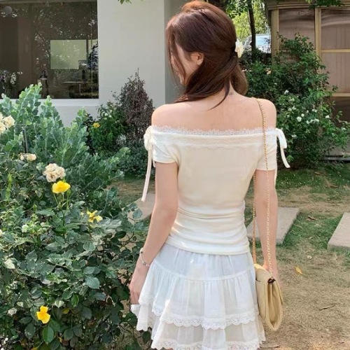 Original fabric summer new pure desire one-shoulder tie-off lace edge pleated design short-sleeve T-shirt top