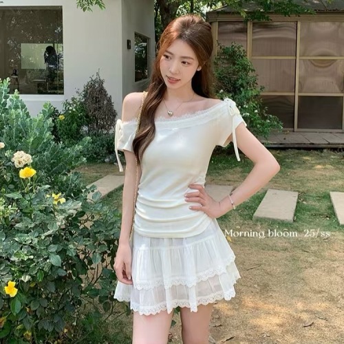Original fabric summer new pure desire one-shoulder tie-off lace edge pleated design short-sleeve T-shirt top