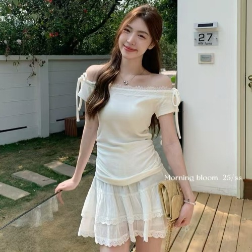 Original fabric summer new pure desire one-shoulder tie-off lace edge pleated design short-sleeve T-shirt top