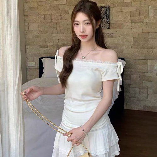 Original fabric summer new pure desire one-shoulder tie-off lace edge pleated design short-sleeve T-shirt top