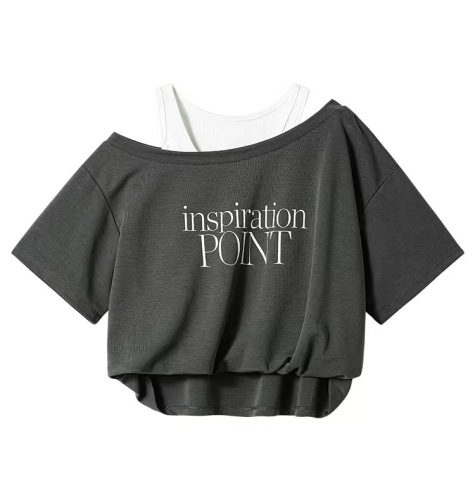 Summer design letter print off-shoulder sleeve splicing short-sleeve two-piece spring summer versatile fashionable top trendy
