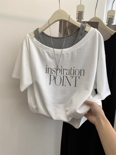 Summer design letter print off-shoulder sleeve splicing short-sleeve two-piece spring summer versatile fashionable top trendy