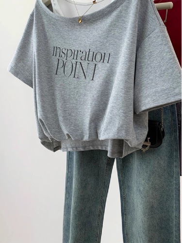 Summer design letter print off-shoulder sleeve splicing short-sleeve two-piece spring summer versatile fashionable top trendy