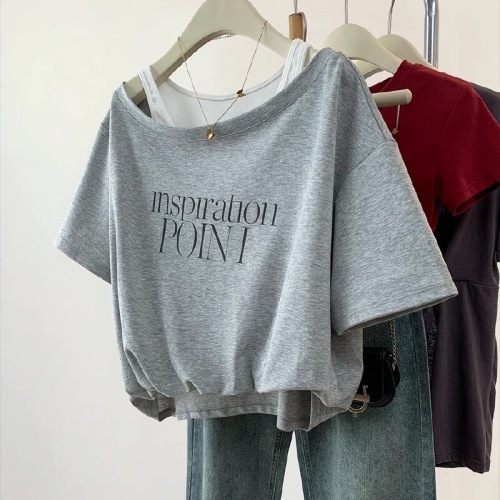 Summer design letter print off-shoulder sleeve splicing short-sleeve two-piece spring summer versatile fashionable top trendy
