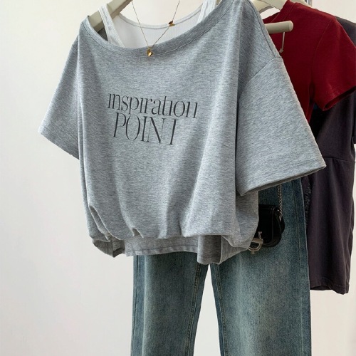 Summer design letter print off-shoulder sleeve splicing short-sleeve two-piece spring summer versatile fashionable top trendy