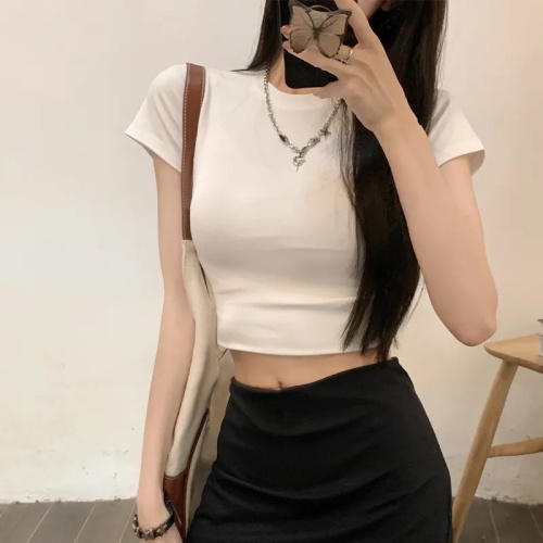 Modal cotton 260g hot girl's shoulders and navels short-sleeved T-shirt Korean round neck slim short top