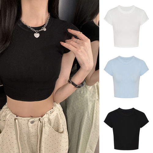 Modal cotton 260g hot girl's shoulders and navels short-sleeved T-shirt Korean round neck slim short top