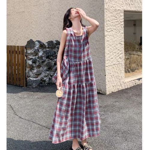 Design plaid art vest dress with bag set for women's summer Korean relaxed and artistic retro skirt