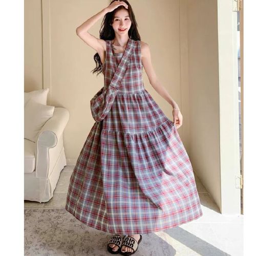 Design plaid art vest dress with bag set for women's summer Korean relaxed and artistic retro skirt