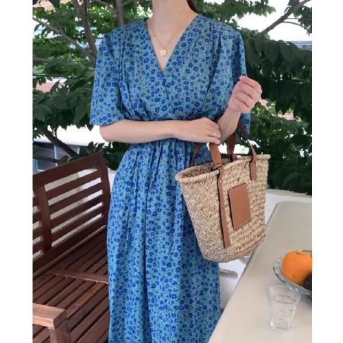 Korean chic summer French retro V-neck lace-up waist slimming pocket short sleeve floral dress long skirt women
