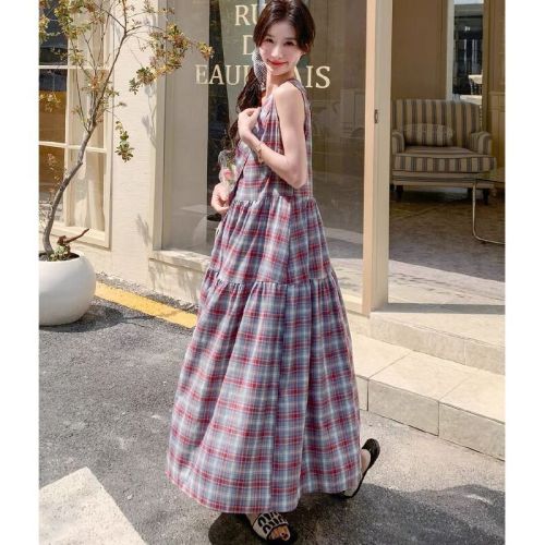 Design plaid art vest dress with bag set for women's summer Korean relaxed and artistic retro skirt