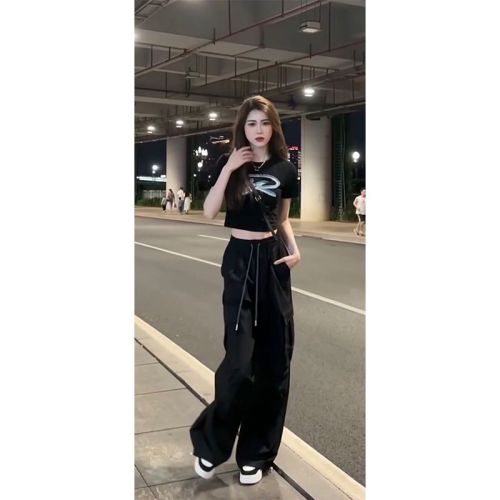 American Street Style Set for Women 2025 Summer Fashion T-Shirt Short Sleeve Work Wide Leg Pants Casual Two-Piece Set