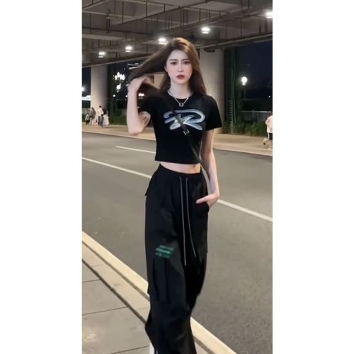 American Street Style Set for Women 2025 Summer Fashion T-Shirt Short Sleeve Work Wide Leg Pants Casual Two-Piece Set