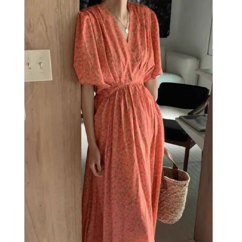 Korean chic summer French retro V-neck lace-up waist slimming pocket short sleeve floral dress long skirt women