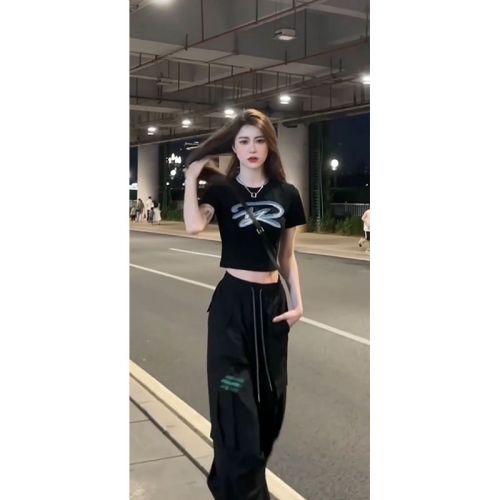 American Street Style Set for Women 2025 Summer Fashion T-Shirt Short Sleeve Work Wide Leg Pants Casual Two-Piece Set