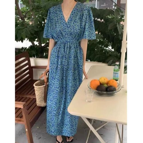 Korean chic summer French retro V-neck lace-up waist slimming pocket short sleeve floral dress long skirt women