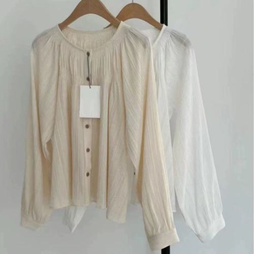 2025 French retro elegant gentle round neck pleated perspective single-breasted long-sleeved shirt top