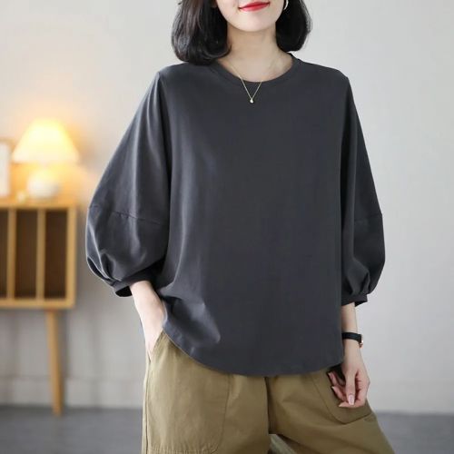 Stylish Youthful Casual 7/8 Sleeve Top Spring and Summer New Arrival Versatile Literary Retro Matchable Short Sleeve T-Shirt for Women