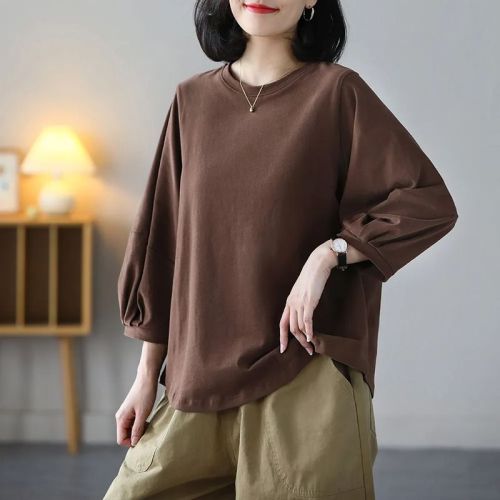 Stylish Youthful Casual 7/8 Sleeve Top Spring and Summer New Arrival Versatile Literary Retro Matchable Short Sleeve T-Shirt for Women