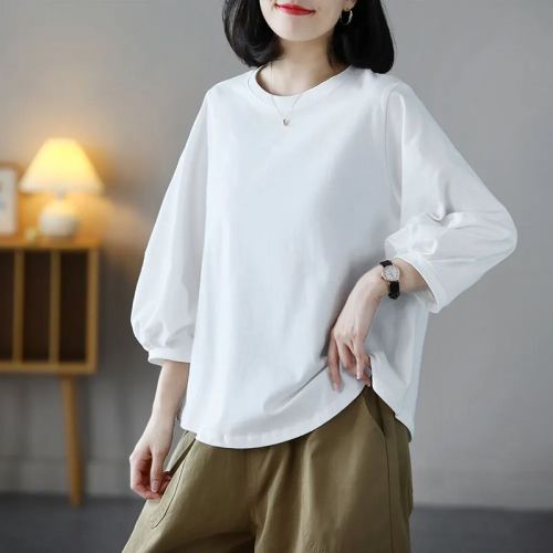 Stylish Youthful Casual 7/8 Sleeve Top Spring and Summer New Arrival Versatile Literary Retro Matchable Short Sleeve T-Shirt for Women