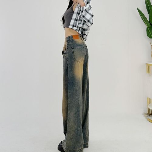 Old high waist wide-leg jeans for women in summer American retro style hottie loose floor drooping spring and autumn casual pants