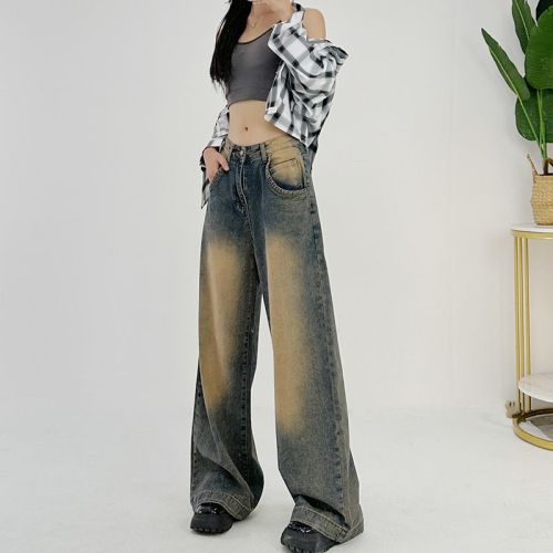Old high waist wide-leg jeans for women in summer American retro style hottie loose floor drooping spring and autumn casual pants