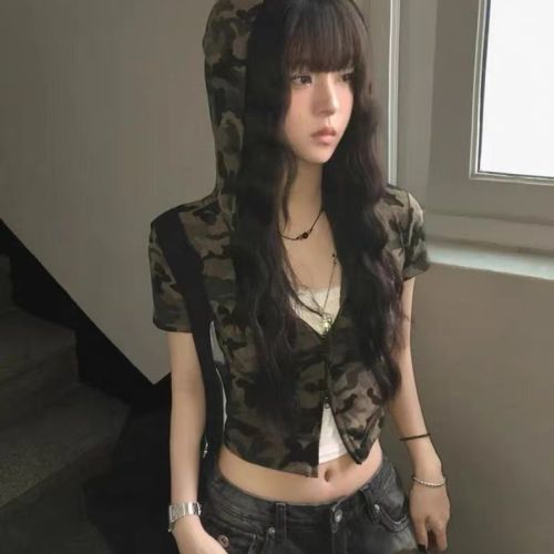 American Retro Camouflage Two-Way Zip Hooded Top Sweet and Cool Chicks Fitted Short-Sleeve Cardigan T-Shirt Jacket