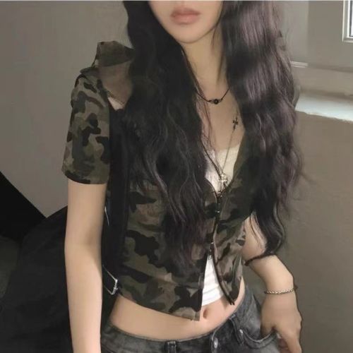 American Retro Camouflage Two-Way Zip Hooded Top Sweet and Cool Chicks Fitted Short-Sleeve Cardigan T-Shirt Jacket
