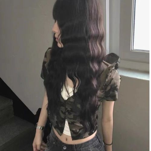 American Retro Camouflage Two-Way Zip Hooded Top Sweet and Cool Chicks Fitted Short-Sleeve Cardigan T-Shirt Jacket