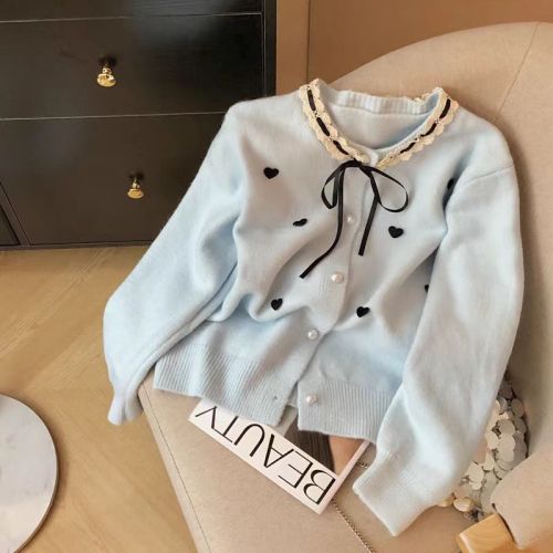 French-style small Shalimar women's cardigan 2025 spring and autumn new Korean-style bow knit sweater with heart lace round neck