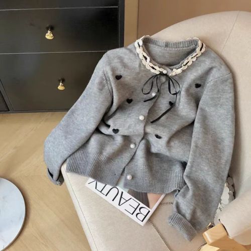 French-style small Shalimar women's cardigan 2025 spring and autumn new Korean-style bow knit sweater with heart lace round neck