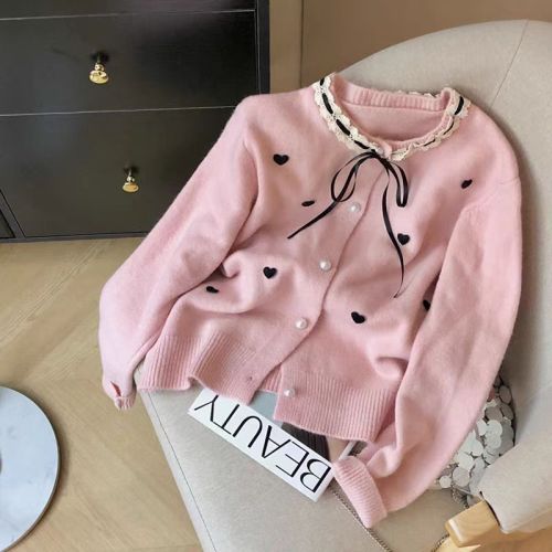 French-style small Shalimar women's cardigan 2025 spring and autumn new Korean-style bow knit sweater with heart lace round neck