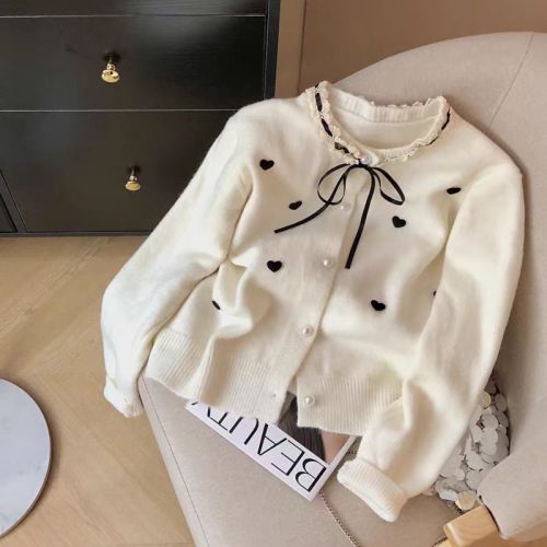 French-style small Shalimar women's cardigan 2025 spring and autumn new Korean-style bow knit sweater with heart lace round neck