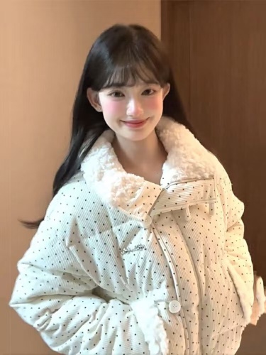 Korean Sweet Style Fluffy Collar Down Cotton Jacket Women's Autumn/Winter Loose Thick Warm Short Bread Coat