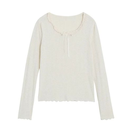 Korean Version Spring and Autumn Original Long-Sleeve Women's T-Shirt Slimming High-End Lace Edge Top French Style Blouse
