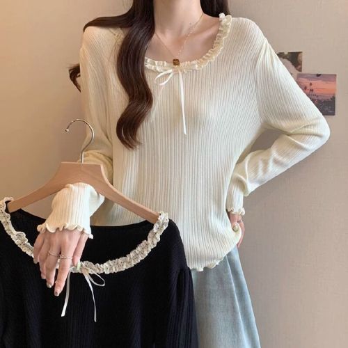 Korean Version Spring and Autumn Original Long-Sleeve Women's T-Shirt Slimming High-End Lace Edge Top French Style Blouse