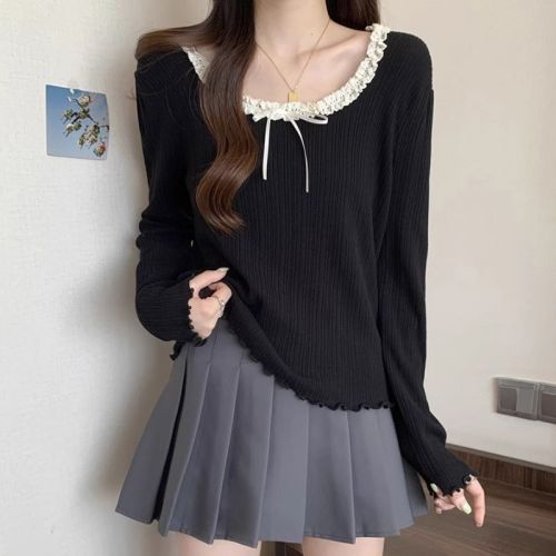 Korean Version Spring and Autumn Original Long-Sleeve Women's T-Shirt Slimming High-End Lace Edge Top French Style Blouse