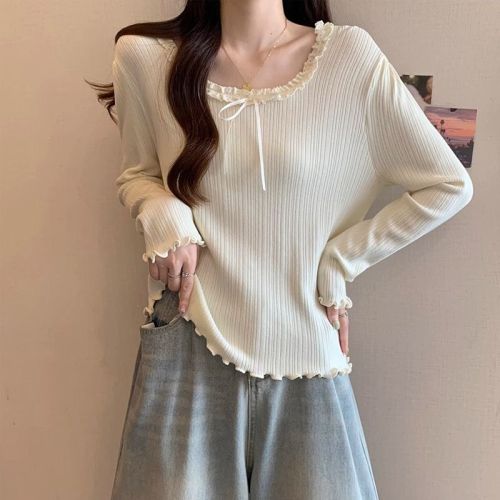 Korean Version Spring and Autumn Original Long-Sleeve Women's T-Shirt Slimming High-End Lace Edge Top French Style Blouse