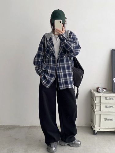 Korean Retro Hooded Checkered Shirt for Women Spring and Autumn Loose Slouchy Style Plus Size Outerwear