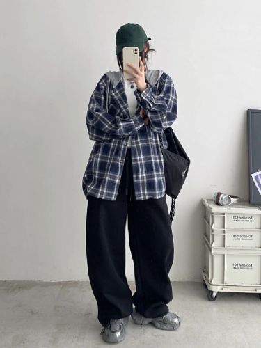 Korean Retro Hooded Checkered Shirt for Women Spring and Autumn Loose Slouchy Style Plus Size Outerwear