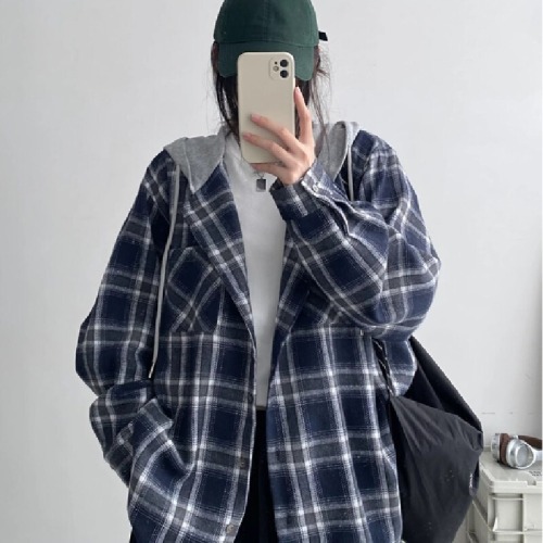 Korean Retro Hooded Checkered Shirt for Women Spring and Autumn Loose Slouchy Style Plus Size Outerwear