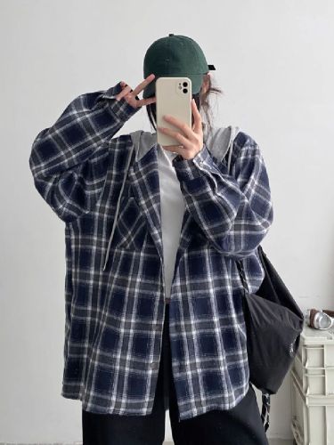 Korean Retro Hooded Checkered Shirt for Women Spring and Autumn Loose Slouchy Style Plus Size Outerwear