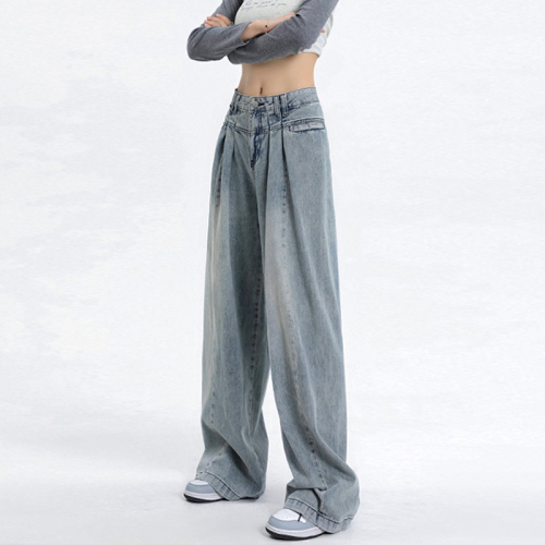 Pear-shaped body wide-leg jeans for women, fashionable pleated design, straight American niche loose floor trousers