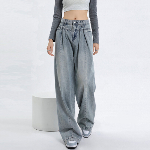 Pear-shaped body wide-leg jeans for women, fashionable pleated design, straight American niche loose floor trousers